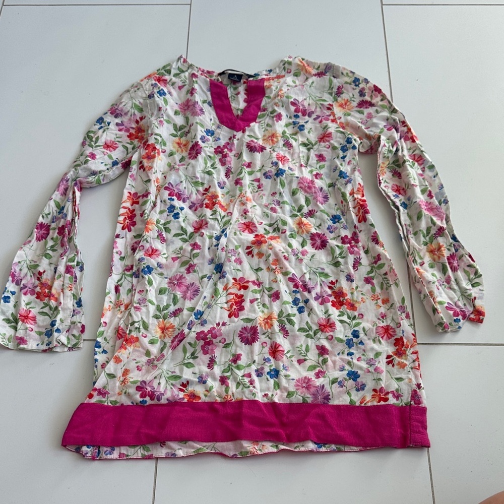 Lands' End Floral Tunic with Pink Trim 7/8 swim cover vacation dress